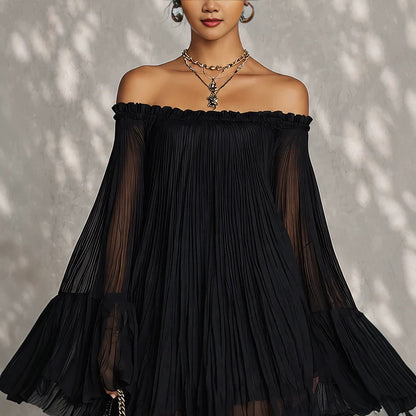 Off‑Shoulder Pleated Chiffon Bell‑Sleeve Mini Dress
