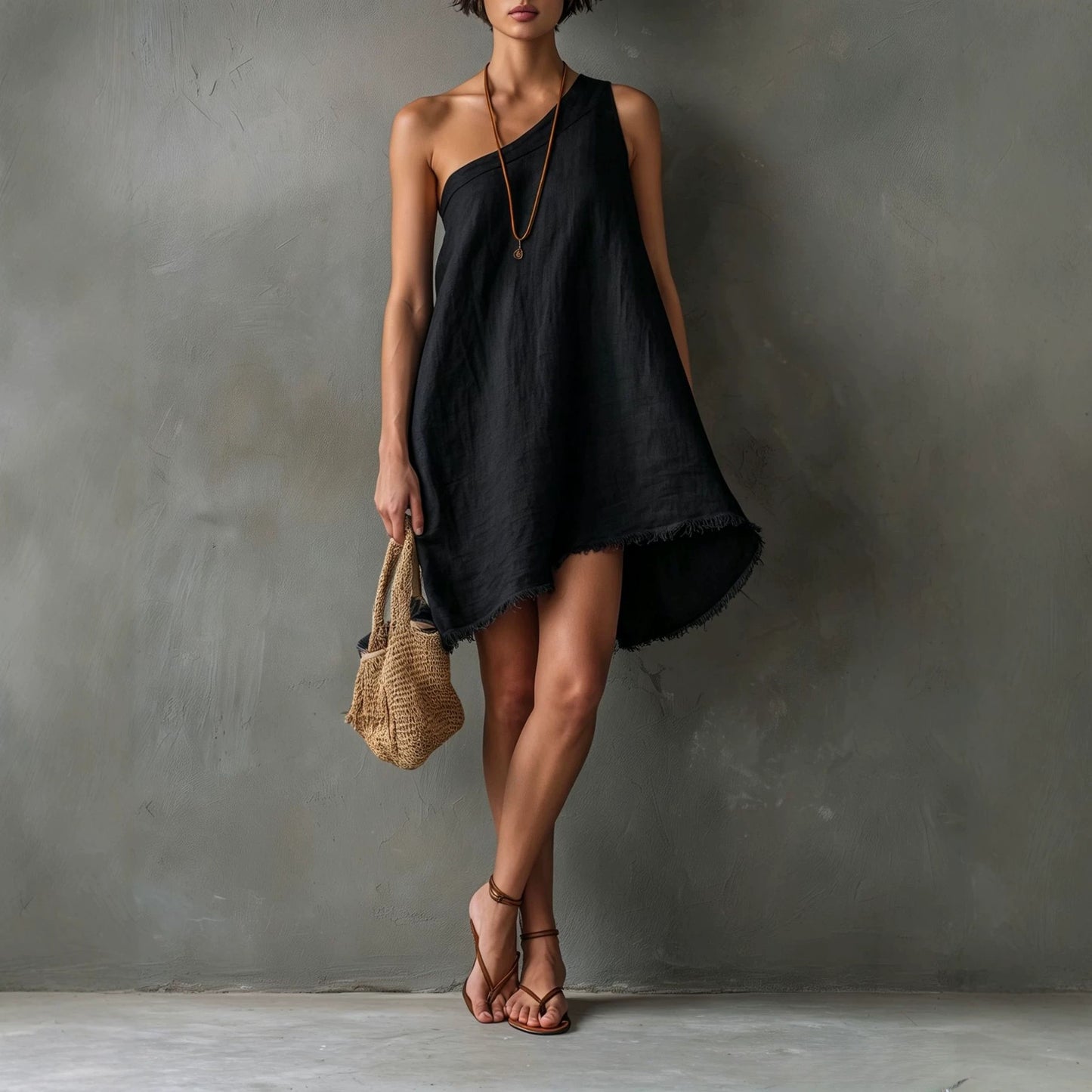 Linen One Shoulder Frayed Hem Asymmetrical Mini Swing Dress
