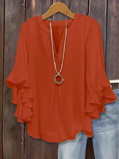 🍃 Plus Size Women's Floral V-Neck Blouse | Flowy Ruffled Sleeve Top for Arm & Tummy Flattering | Lightweight Casual Summer Shirt ☀️