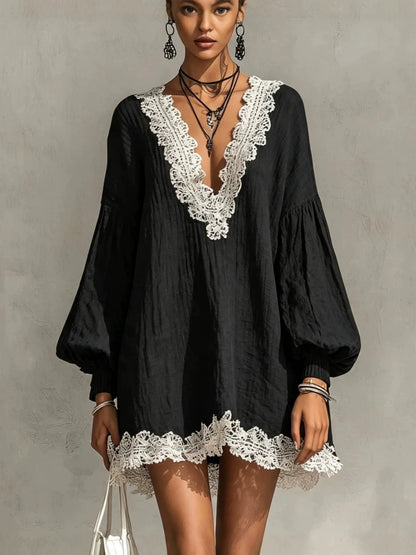 Black Contrast Lace Trim Crinkled Tunic Mini Dress