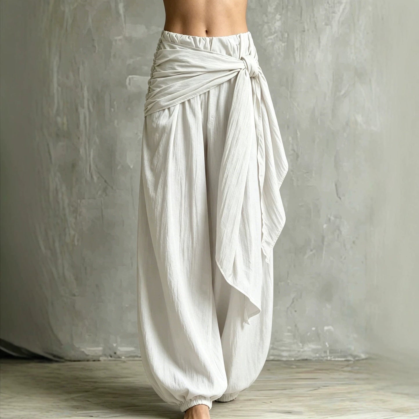 Vintage Wrap Tie Harem Pants, Loose Crinkle Cotton Linen Jogger Trousers