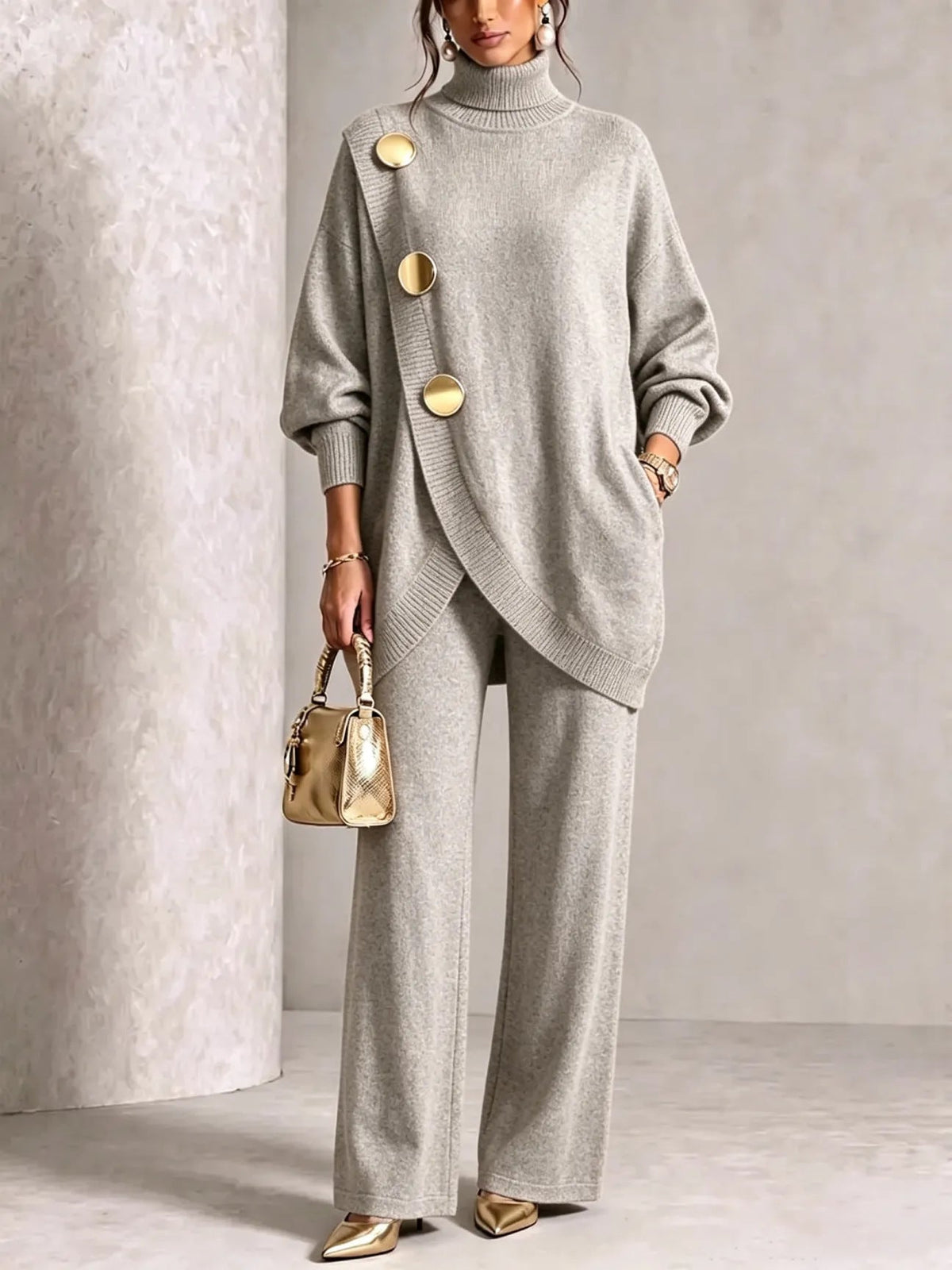 Turtleneck Gold‑Button Asymmetric Knit Tunic & Wide‑Leg Pants Two‑Piece Set
