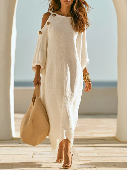 Linen‑Blend Cold‑Shoulder Button Detail Loose Maxi Dress