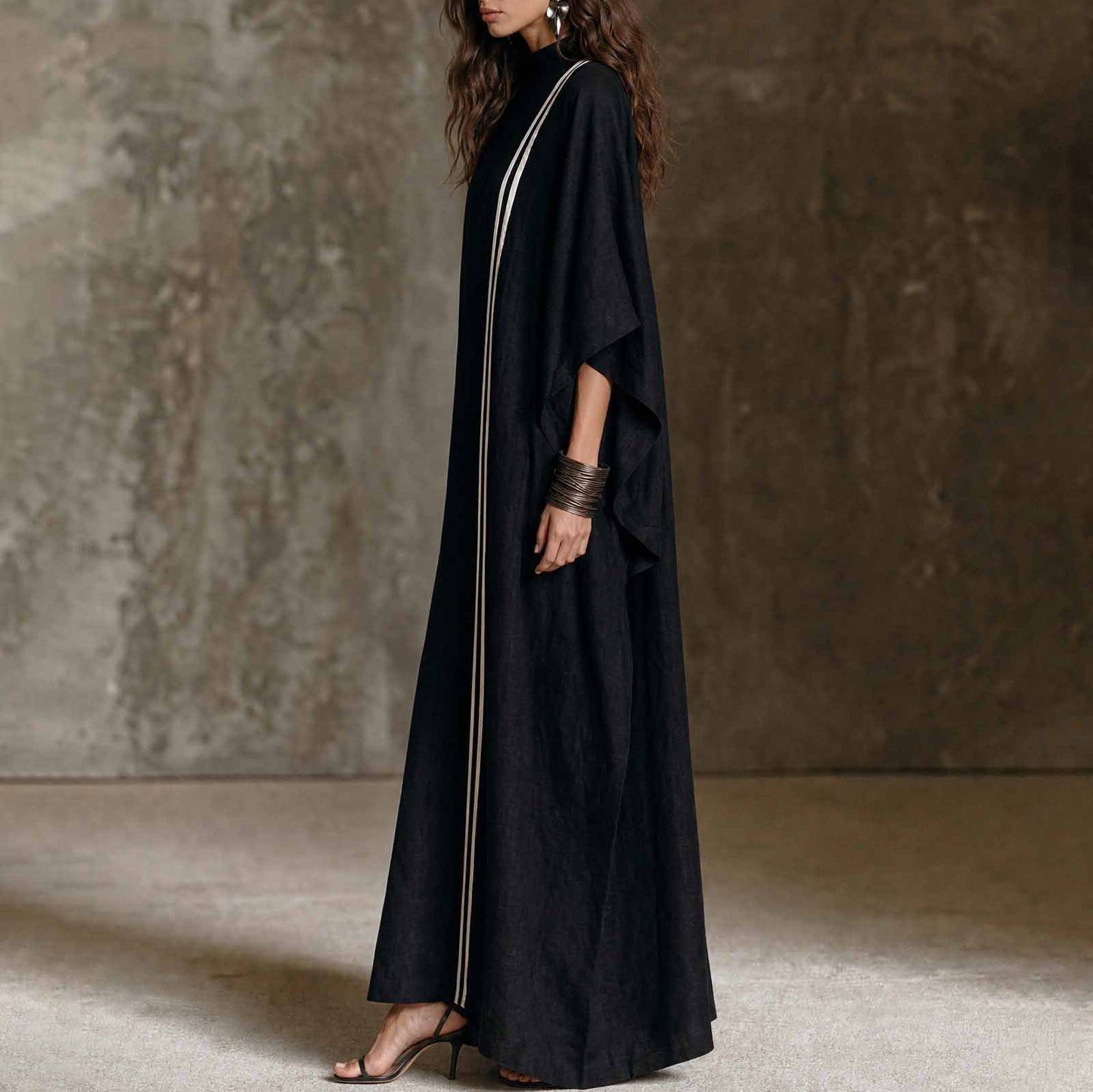 Striped Detail Stand Collar Linen Blend Kaftan Maxi Dress