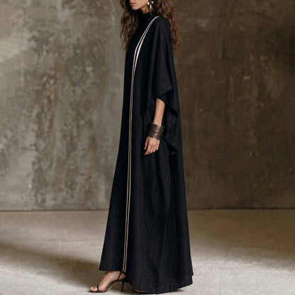 Striped Detail Stand Collar Linen Blend Kaftan Maxi Dress