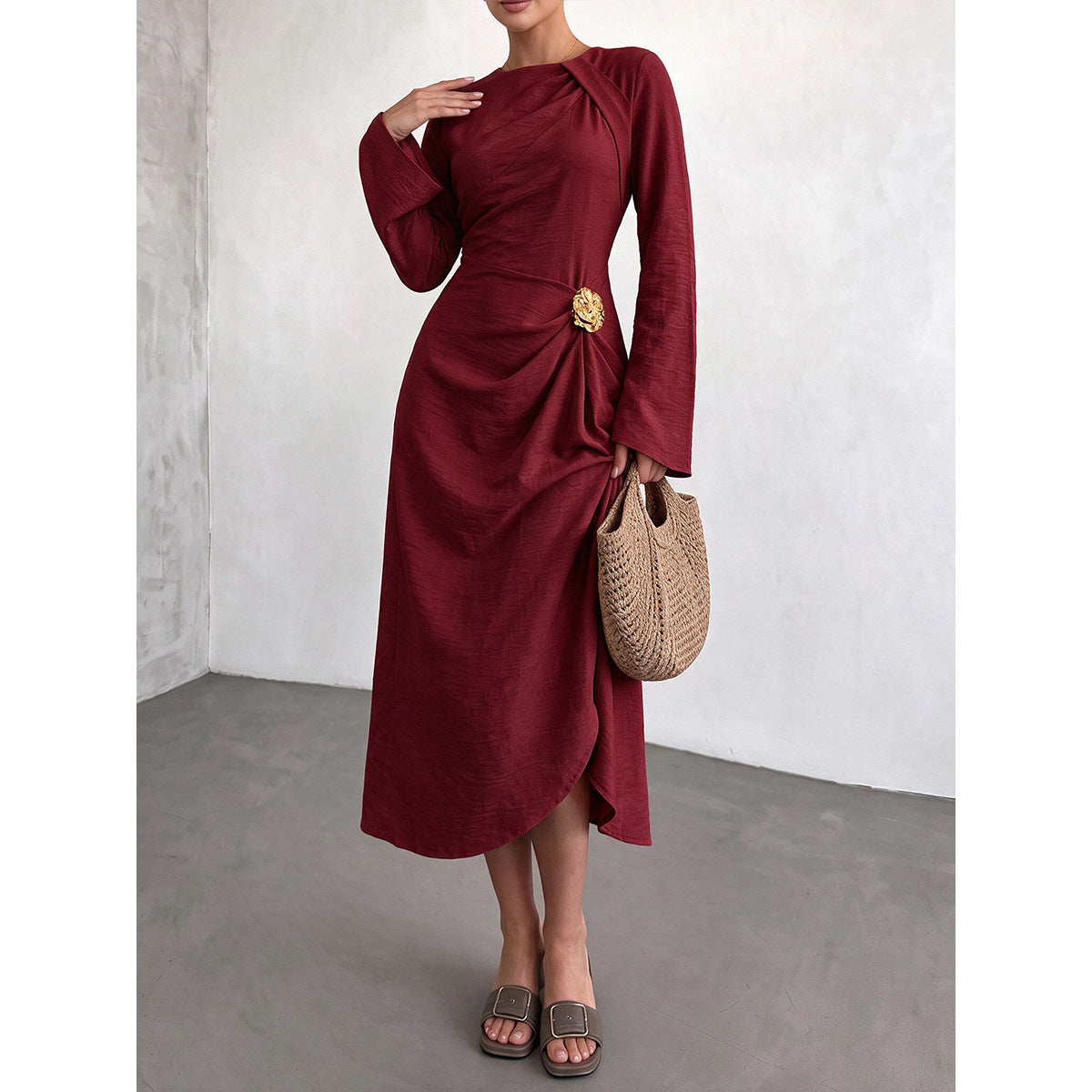 Round Neck Flare Sleeve Gold Ornament Ruched Midi Dress