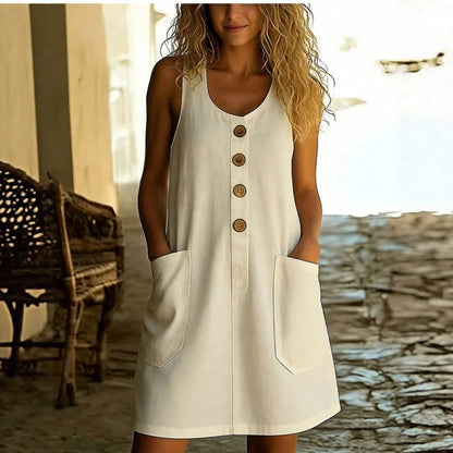 Premium Cotton-Linen Button-Front A-Line Mini Dress