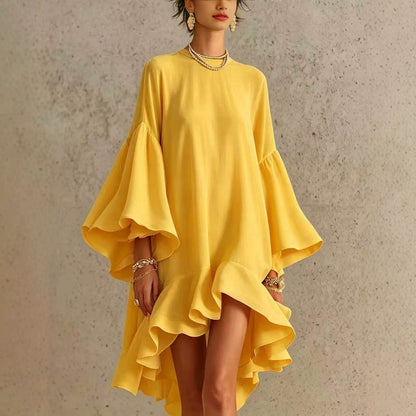 Satin Round Neck Oversized Bell Sleeve High Low Ruffle Mini Tunic Dress