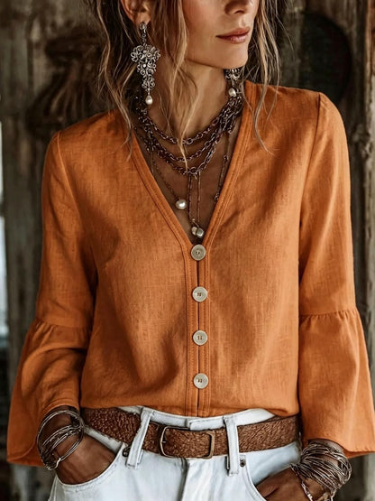 V-Neck Button-Front Bell Sleeve Blouse