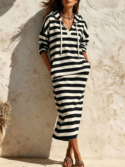 Stripe Hooded Drawstring Long‑Sleeve Midi Sweatshirt Dress