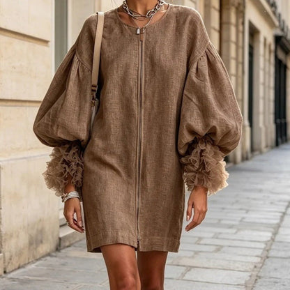 Women Zip‑Front Linen Mini Dress, Oversized Balloon Puff Sleeve Ruffle Cuff Loose Shift Dress