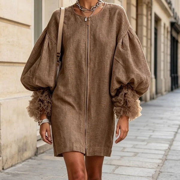 Women Zip‑Front Linen Mini Dress, Oversized Balloon Puff Sleeve Ruffle Cuff Loose Shift Dress