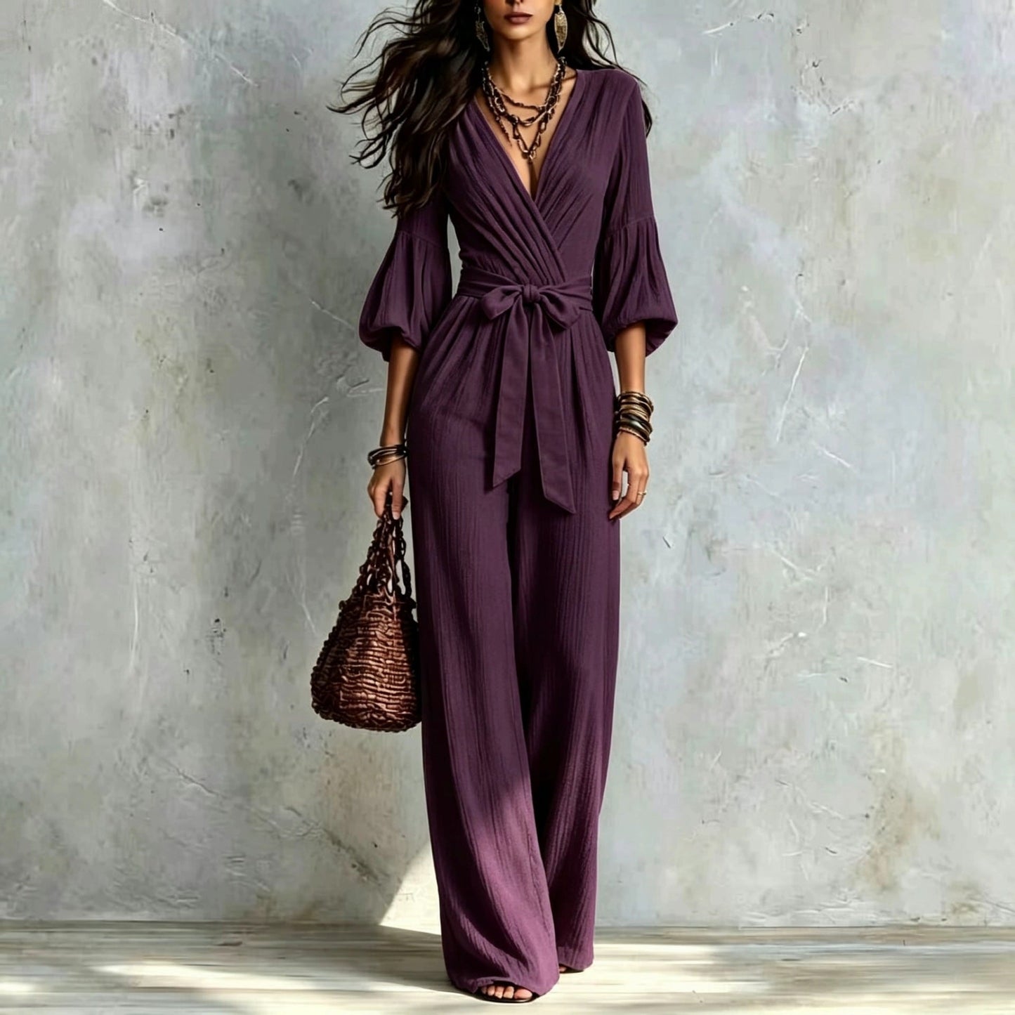 V‑Neck Wrap Belted Textured Wide‑Leg Jumpsuit With Balloon Sleeves