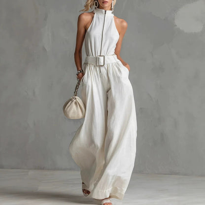 Women's White Linen-Blend Halter Wide-Leg Jumpsuit with Belt