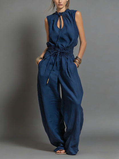 Beige Linen-Blend Smocked-Waist Jumpsuit