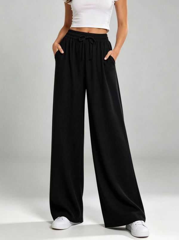 Women's Solid Drawstring Elastic Waist Wide Leg Flowy Long Pants with Pockets