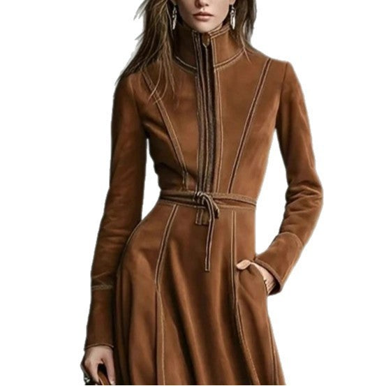 Women's Solid Brown Suede Zip‑Front Belted Long‑Sleeve Midi Dress