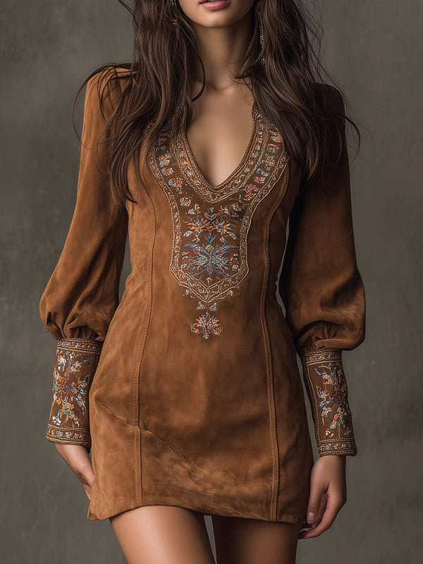The Embroidered Suede Boho Mini Dress