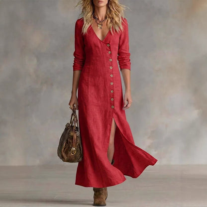 Long Multi-Button Fashion Cotton And Linen Dresses