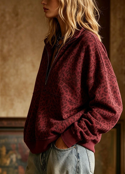 Women's Vintage Leopard Print Half Zip Long Sleeve Pullover Sweatshirt