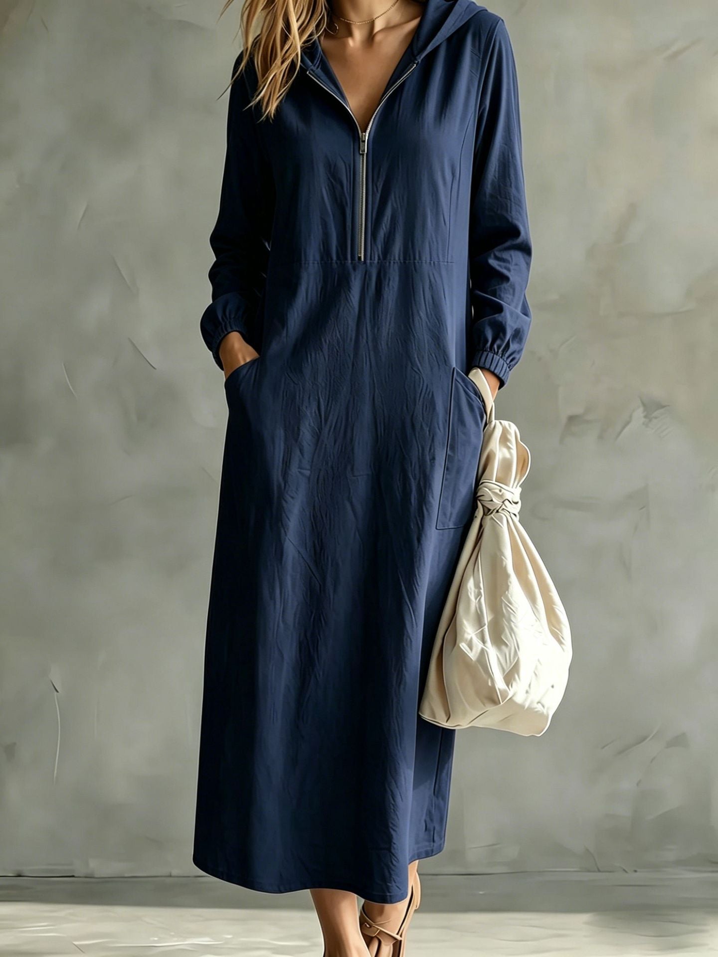 Hooded Zip-Neck Midi Dress
