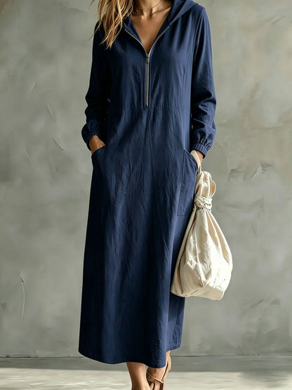 Hooded Zip-Neck Midi Dress