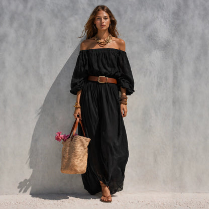 Women's Casual Beige Woven Off-Shoulder Long-Sleeve Maxi Dress (with Belt)
