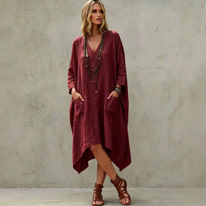 Linen Blend V-Neck 3/4 Sleeve Irregular Hem Midi Dress With Side Pockets