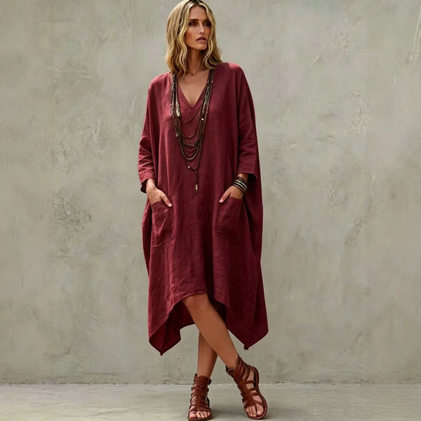 Linen Blend V-Neck 3/4 Sleeve Irregular Hem Midi Dress With Side Pockets
