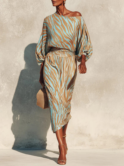 One Shoulder Balloon Sleeve Abstract Print Wrap Midi Dress