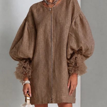 Women Zip‑Front Linen Mini Dress, Oversized Balloon Puff Sleeve Ruffle Cuff Loose Shift Dress