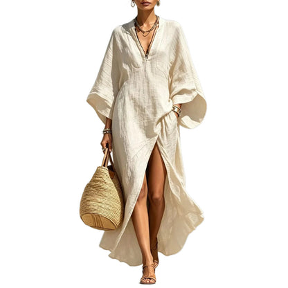 Batwing Sleeve Slit Linen Vacation Maxi Dress