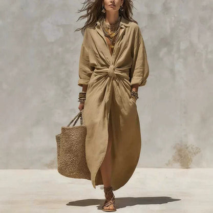 Women'S Solid Color Shirt Collar Single-Breasted Pocket Cardigan Long-Sleeved Casual Dress