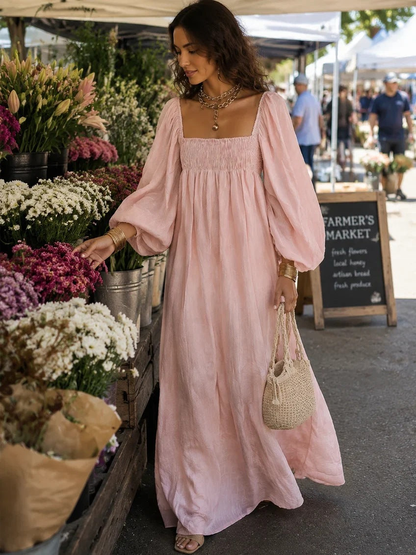 Square Neck Smocked Puff Sleeve Bohemian Maxi Dress