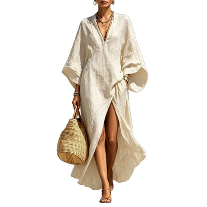 Linen‑Blend V‑Neck Kaftan Maxi Dress