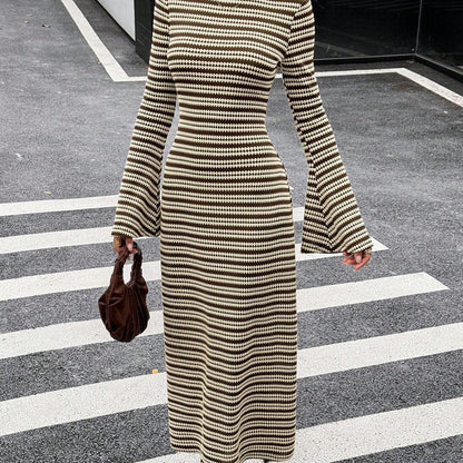 Urban Monochrome Striped Knit Maxi Dress Statement Bell Sleeve Slim‑Fit Long Party Dinner Dress