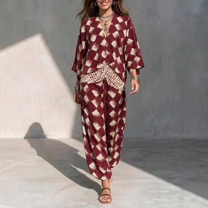Geometric Print V‑Neck Kimono Sleeve Top & Wide‑Leg Pants Two‑Piece Set