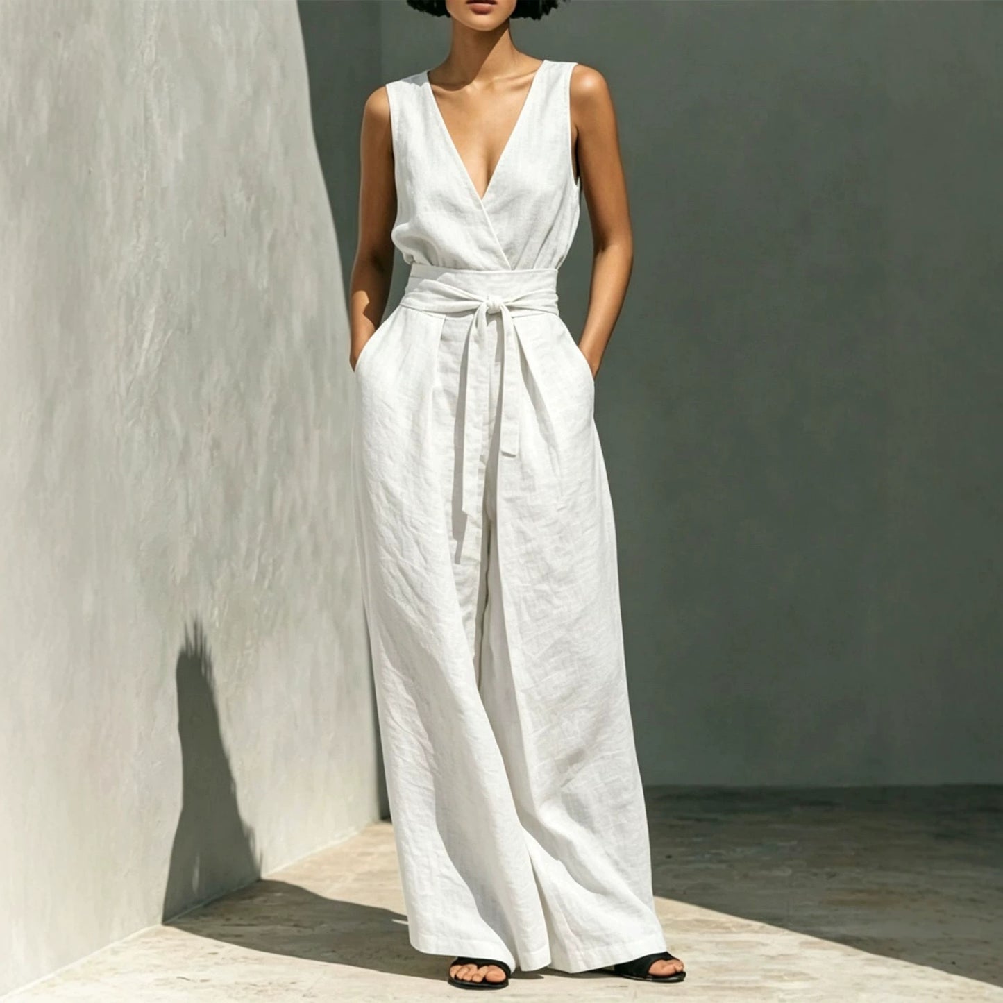 Linen Sleeveless Wrap V Neck Self Tie Belt Wide Leg Jumpsuit