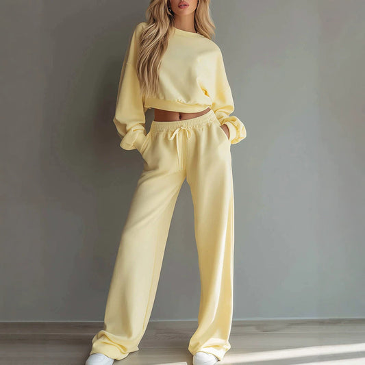 Women Casual 2‑Piece Tracksuit Set Cropped Sweatshirt Wide Leg Pants Loungewear Outfit