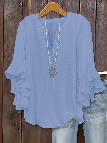 🍃 Plus Size Women's Floral V-Neck Blouse | Flowy Ruffled Sleeve Top for Arm & Tummy Flattering | Lightweight Casual Summer Shirt ☀️