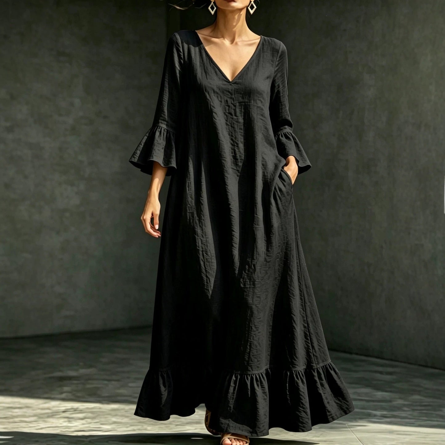 V‑Neck Ruffle Flare Sleeve Linen‑Blend Maxi Dress