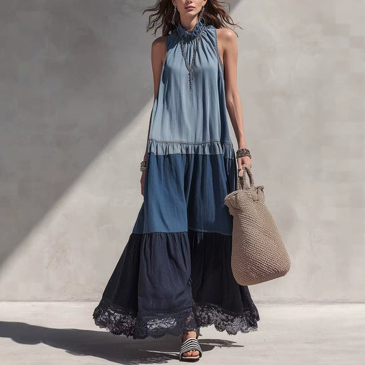 Color Block Tiered Chambray Lace Hem Maxi Dress