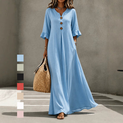 V-Neck Ruffle Sleeve Linen Maxi Dress