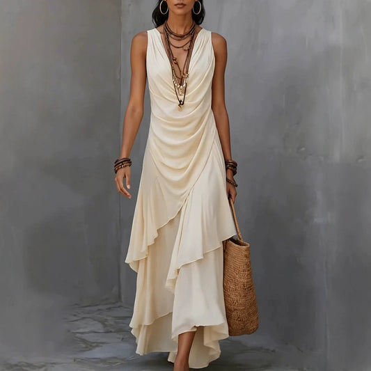 Sleeveless Draped V-Neck Asymmetrical Ruffle Maxi Dress