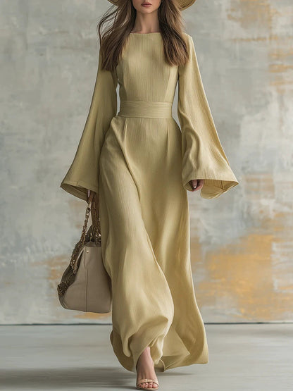 Ribbed Boat Neck Flare Sleeve Fitted Wrap Maxi Dress