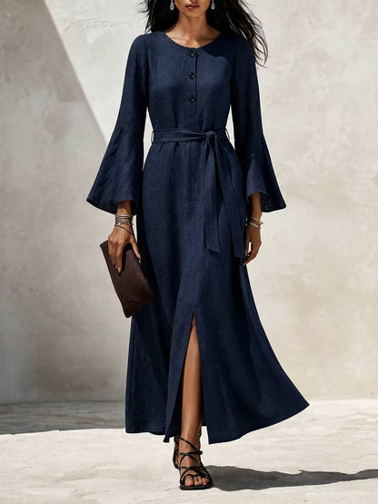 Linen‑Blend Flare‑Sleeve Maxi Dress