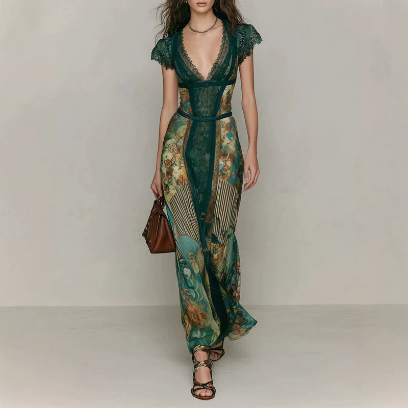 Deep V‑Neck Lace Cap Sleeve Vintage Print Maxi Dress