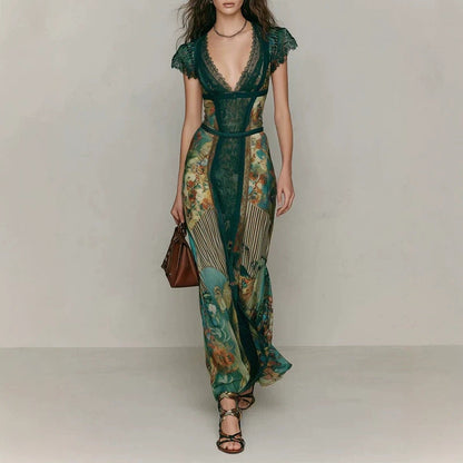 Deep V‑Neck Lace Cap Sleeve Vintage Print Maxi Dress