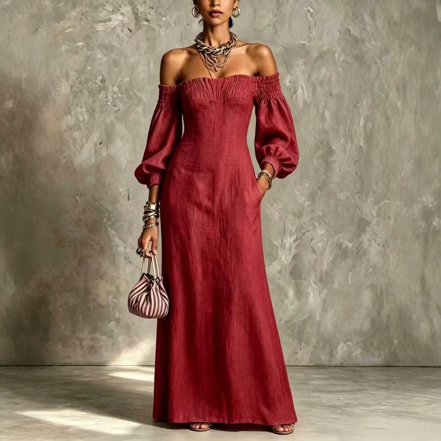 Off‑The‑Shoulder Puff‑Sleeve Linen‑Blend Maxi Dress