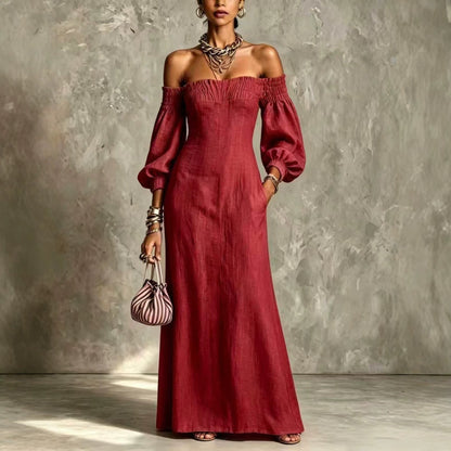 Off‑The‑Shoulder Puff‑Sleeve Linen‑Blend Maxi Dress